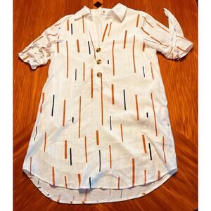 Lush Women's 3-Button Blouse S/S w/Ties Lined White w/Geometric Pattern A+
